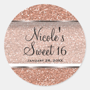 Roze Gouden Glitter Roze Glam Bruiloft Geschenk Fa Ronde Sticker