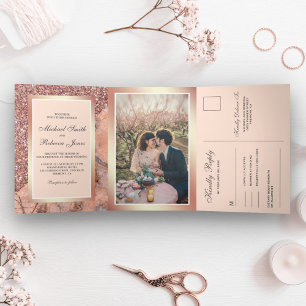 Roze Gouden Glitter Roze Marmer All in One Trouwfe Drieluik Uitnodiging
