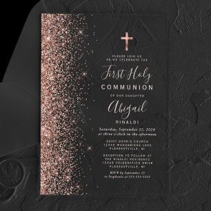Roze Gouden Glitter Roze Tekst Eerste Heilige Comm Acryl Uitnodigingen