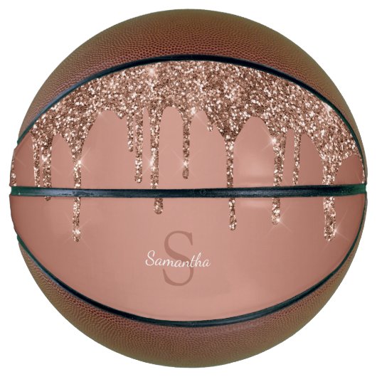 Roze Gouden Glitter Schitter Drip Monogram Naam Basketbal (Voorkant)