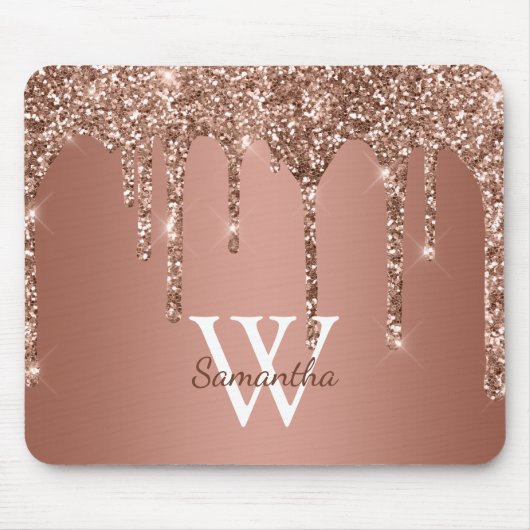 Roze Gouden Glitter Schitter Drip Monogram Naam Muismat (Voorkant)