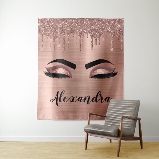 Roze Gouden Glitter Schitter Wimpers Monogram Naam Wandkleed (In situ)