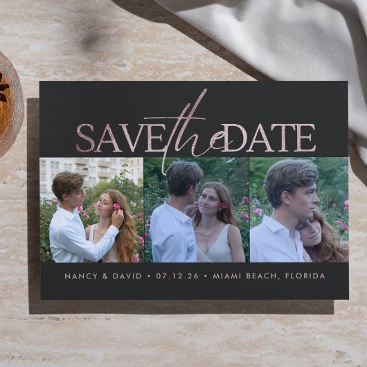 Roze Gouden Glitter Script 3 Foto Collage Huwelijk Save The Date