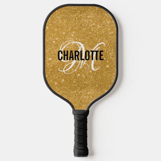 Roze gouden glitter script monogram naam pickleball paddle (Voorkant)