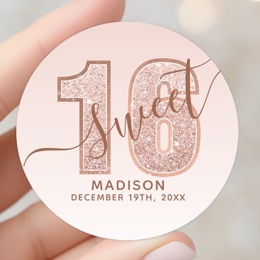 Roze Gouden Glitter Script Sweet 16 Verjaardag Ronde Sticker
