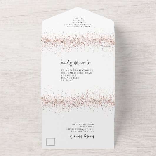 Roze Gouden Glitter Script Trouwfeest All In One Uitnodiging (Buitenkant)