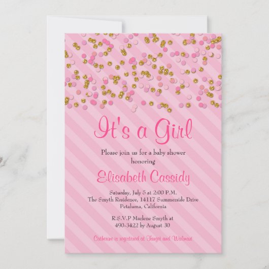 Roze & Gouden Glitter Sprinkle Baby shower Uitnodi Kaart (Voorkant)