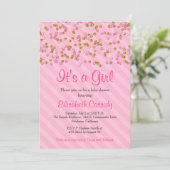 Roze & Gouden Glitter Sprinkle Baby shower Uitnodi Kaart (Staand voorkant)