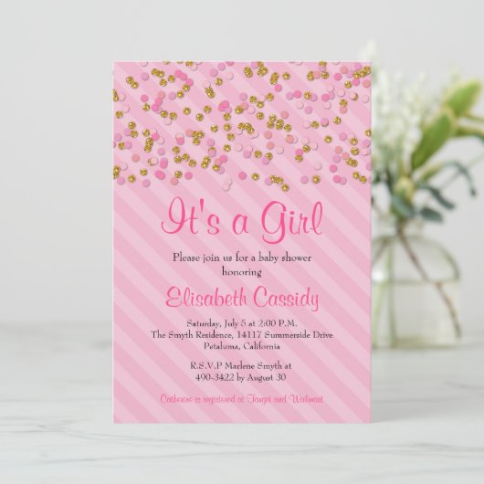 Roze & Gouden Glitter Sprinkle Baby shower Uitnodi Kaart (Staand voorkant)