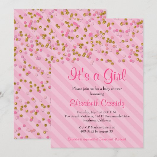 Roze & Gouden Glitter Sprinkle Baby shower Uitnodi Kaart (Voorkant / Achterkant)