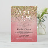 Roze & Gouden Glitter Sprinkle Baby shower Uitnodi Kaart (Staand voorkant)