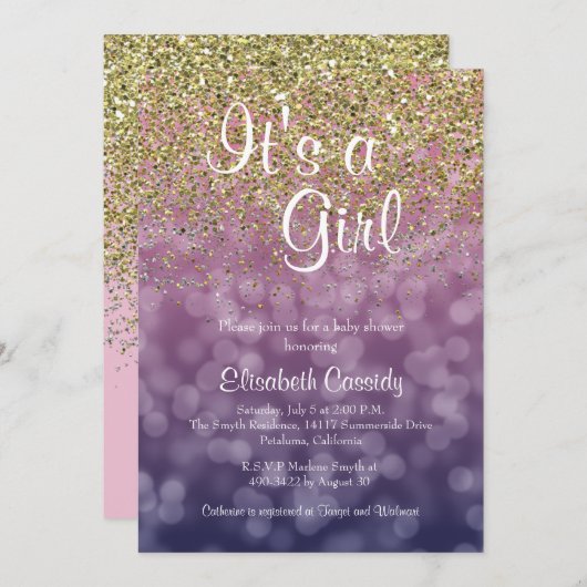 Roze & Gouden Glitter Sprinkle Baby shower Uitnodi Kaart (Voorkant / Achterkant)