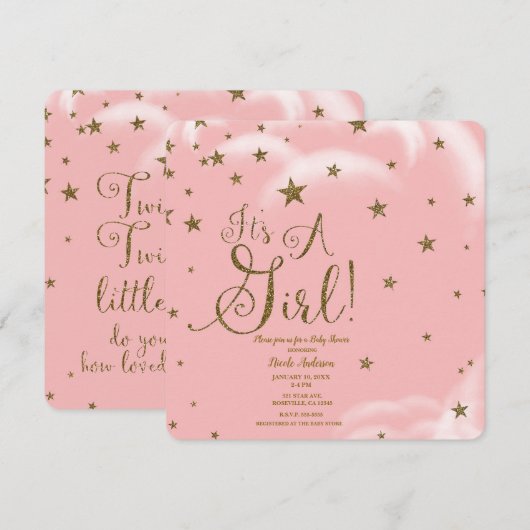 Roze & Gouden Glitter Sterren Het Is Een Meisje Ba Kaart (Voorkant / Achterkant)
