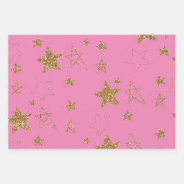 Roze Gouden Glitter Sterren Inpakpapier Vel