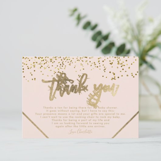 Roze gouden glitter streep dank u baby shower bedankkaart (Staand voorkant)