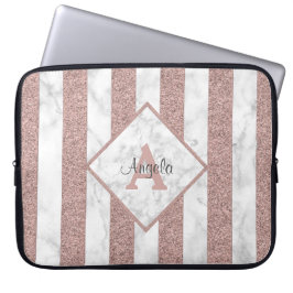 Roze Gouden Glitter Strepen Marmer Monogram Script Laptop Sleeve
