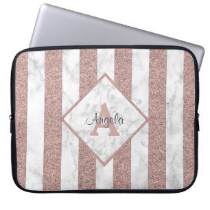 Roze Gouden Glitter Strepen Marmer Monogram Script Laptop Sleeve