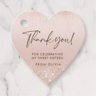 Roze Gouden Glitter Sweet 16 Hart Favor Tag Bedankjes Labels