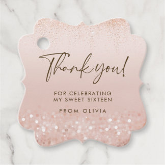 Roze Gouden Glitter Sweet 16 Verjaardag Favor Tag Bedankjes Labels