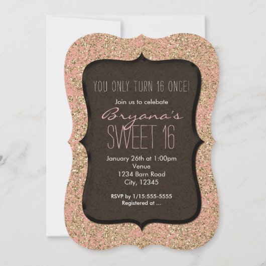 Roze & Gouden Glitter Sweet 16 Verjaardag Uitnodig Kaart (Voorkant)