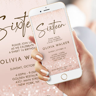 Roze Gouden Glitter Sweet 16 Verjaardags Mobiele U Aankondiging