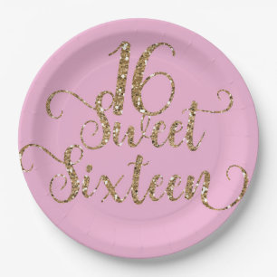 Roze & Gouden Glitter Sweet 16 Verjaardagsfeestje Papieren Bordje