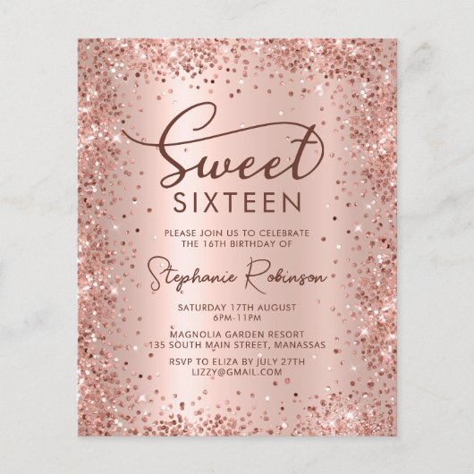 Roze Gouden Glitter Sweet 16 Verjaardagsuitnodigin (Voorkant)