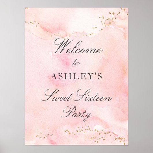  Roze Gouden Glitter Sweet 16 Welkomstbord Poster (Voorkant)