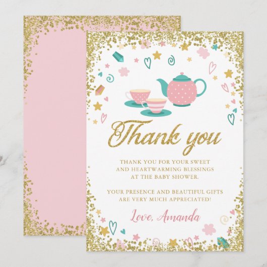 Roze Gouden Glitter Thee Feest Bedankkaart Kaart (Voorkant / Achterkant)