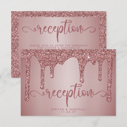 Roze Gouden Glitter Trouwreceptie Details Informatiekaartje (Voorkant / Achterkant)