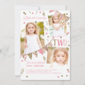 Roze Gouden Glitter Tweede Verjaardag 3 Fotocollag Kaart (Voorkant)