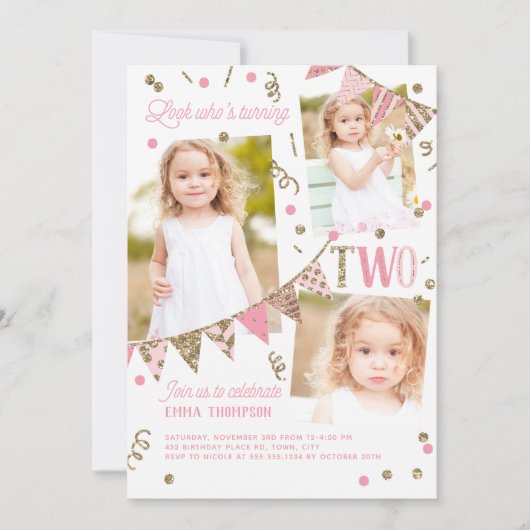 Roze Gouden Glitter Tweede Verjaardag 3 Fotocollag Kaart (Voorkant)