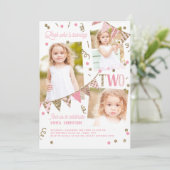 Roze Gouden Glitter Tweede Verjaardag 3 Fotocollag Kaart (Staand voorkant)