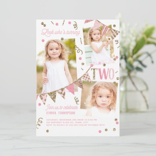 Roze Gouden Glitter Tweede Verjaardag 3 Fotocollag Kaart (Staand voorkant)