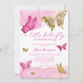Roze Gouden Glitter Vlinder Baby shower Invitation Kaart (Voorkant)