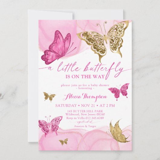 Roze Gouden Glitter Vlinder Baby shower Invitation Kaart (Voorkant)