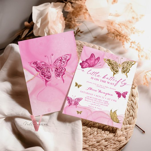 Roze Gouden Glitter Vlinder Baby shower Invitation Kaart