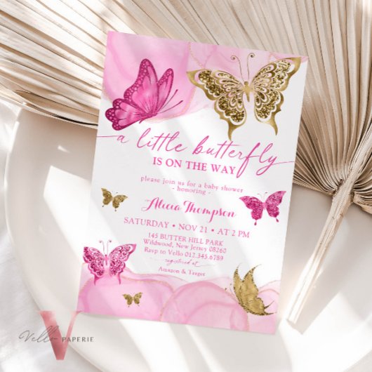 Roze Gouden Glitter Vlinder Baby shower Invitation Kaart