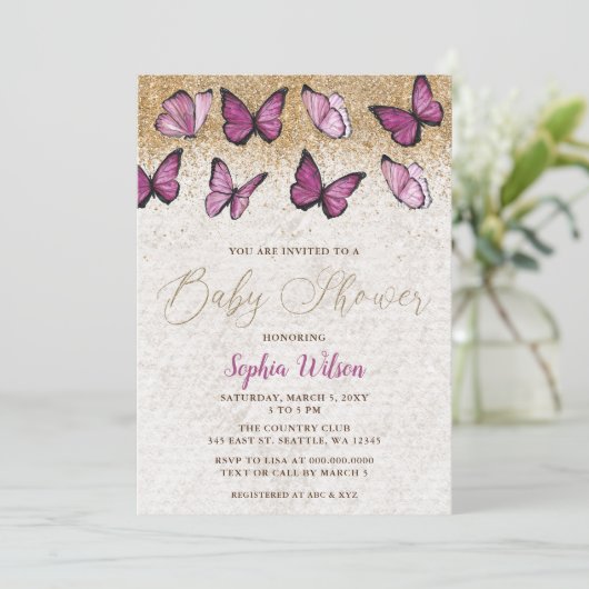 Roze Gouden Glitter Vlinder Baby shower Kaart (Staand voorkant)