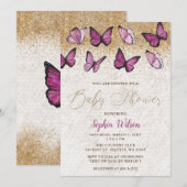Roze Gouden Glitter Vlinder Baby shower Kaart (Voorkant / Achterkant)