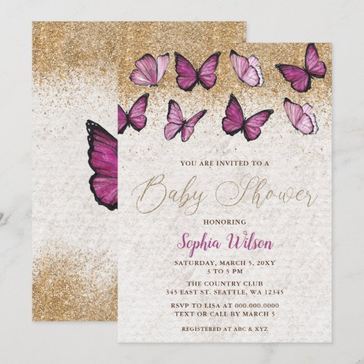 Roze Gouden Glitter Vlinder Baby shower Kaart (Voorkant / Achterkant)