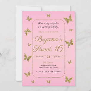 Roze & Gouden Glitter Vlinder Sweet 16 Feest Kaart