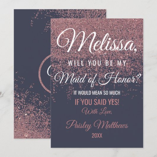 Roze Gouden Glitter Vonken Marineblauwe Bruidsmeis Kaart (Voorkant / Achterkant)