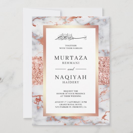 Roze Gouden Glitter Witte Marmeren Moslim Bruiloft Kaart (Voorkant)