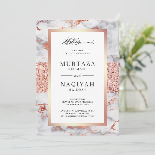 Roze Gouden Glitter Witte Marmeren Moslim Bruiloft Kaart (Staand voorkant)