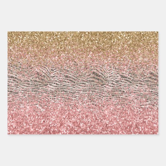 Roze Gouden Glitter Zebra Print Inpakpapier Vel (Voorkant)