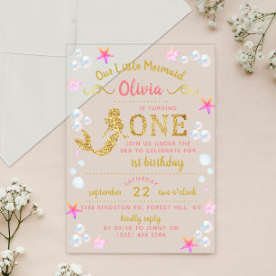 Roze & Gouden Glitter Zeemeermin 1e Verjaardag Acryl Uitnodigingen