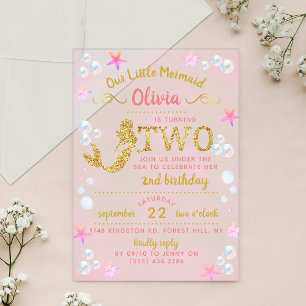 Roze & Gouden Glitter Zeemeermin 2e Verjaardag Acryl Uitnodigingen