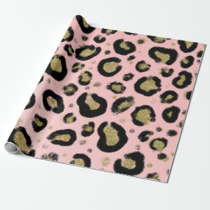 Roze Gouden Glitter & Zwarte Luipaard Print Cadeaupapier