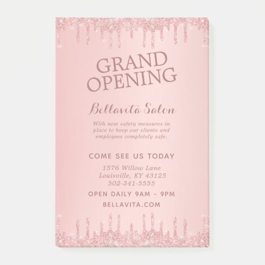 Roze Gouden Glitterdruppels Grand Opening Salon Post-it® Notes (Voorkant)